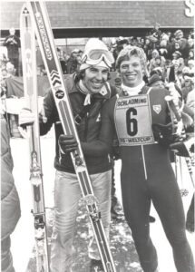 World Cup in Schaladming, December 1985, with Peter Nimmerall, rep for Fischer skis. 