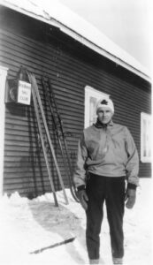 W.B. Thompson at Red Birds 1st club-house in St. Sauveur, QC. c. 1930