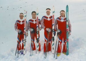 Members of Canadian Freestyle Ski Team 1988-89 [L to R]: Sue Kirkwood, Lane Barrett, Peter Judge (coach), James Boyd