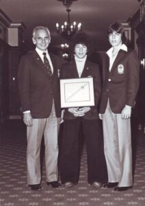L to R: Fred Morris, Steve Collins, Horst Bulau. At the Château Laurier, Ottawa, ON. Steve Collins was named Athlete of the Month in March 1980