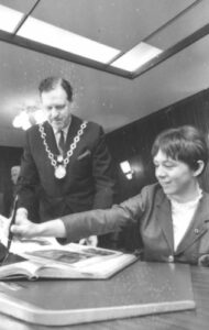 1968 Civic Reception in Ottawa, ON, for Olympic Gold medallist Nancy Greene, being honored by Ottawa Mayor Donald Bartlett Reid.