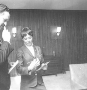 1968 Civic Reception in Ottawa, ON, for Olympic Gold medallist Nancy Greene, being honored by Ottawa Mayor Donald Bartlett Reid.