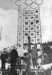 Sidney Dawes (2nd from left), Canada's representative on the International Olympic Committee, at 1960 Olympic Winter Games in Squaw Valley, California, USA