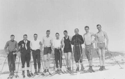 Montreal Ski Club Lodge, Lake Canorasset, on the big hill facing St. Sauveur, March 26, 1927. H.P. Douglas - 3rd from right Harry Pangman - far right