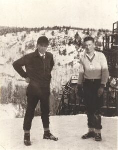 Nels Nelsen (left) with brother Irvind at top of ski jump, Revelstoke Hill. c. 1930