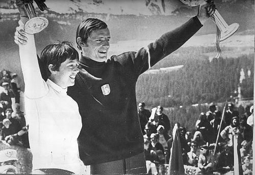 Nancy Greene & Jean-Claude Killy pictured the day they were awarded their world cups april 7, 1968 at Heavenly Valley, Lake Tahoe, California.