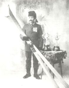 Olaus Jeldness winning the 1898 Canadian Championship in Jumping and the Ski Race.