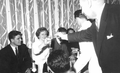 National Alpine Ski Team at 1958 World Championships in Badgastein, Austria. Pictured are Anne Heggtveit (2nd from left) and John Semmelink (left).