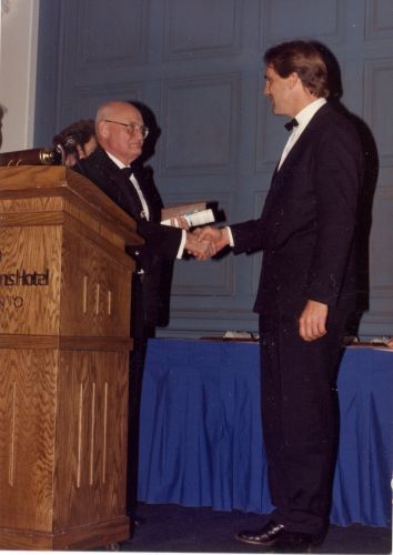 Bill Tindale and Inductee John Eaves at 1988 Canadian Ski Hall of Fame Induction Ceremony.