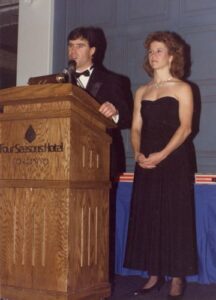 Master of ceremonies Jim Kirby and Laurie Graham at 1988 Canadian Ski Hall of Fame Induction Ceremony