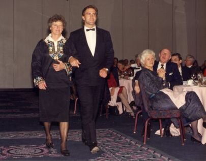 Rhoda Wurtele and Inductee John Eaves at 1988 Canadian Ski Hall of Fame Induction Ceremony.