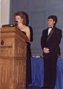Master of Ceremonies Laurie Graham and Jim Kirby at 1988 Canadian Ski Hall of Fame Induction Ceremony