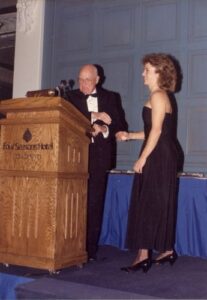 Canadian Ski Museum Chair, Bill Tindale, and Master of Ceremonies, Laurie Graham, at 1988 Canadian Ski Hall of Fame Induction Ceremony