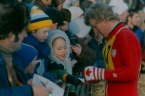 'Jungle' Jim Hunter signing autographs for ski fans.