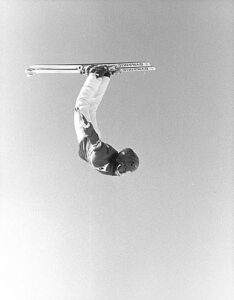Marie-Claude Asselin executing a ski jump
