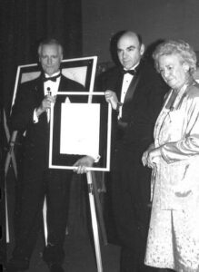 Inductee Jerry Johnston with Canadian Ski Museum Chair, Erle Bergh, and Hall of Famer Gaby Pleau at 1991 Canadian Ski Hall of Fame Induction Ceremony
