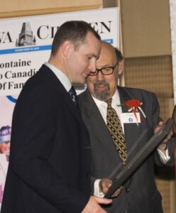 Inductee Edi Podivinsky with Ed Champagne at 2007 Canadian Ski Hall of Fame Induction Ceremony.