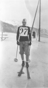 W.B. Thompson at the starting line of 18km cross country skiing event at 1928 St. Moritz Olympic Winter Games