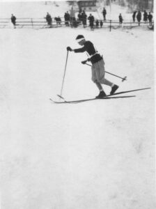 W.B. Thompson competing in 18km cross country skiing event at 1928 St. Moritz Olympic Winter Games
