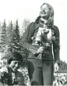 Kathy Kreiner about to receive gold medal (giant slalom) at 1976 Innsbruck Olympic Winter Games.