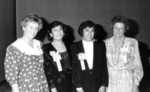 Rhoda Wurtele, Shirley Firth, Sharon Firth, and Rhona Wurtele at 1990 Canadian Ski Hall of Fame Induction Ceremony