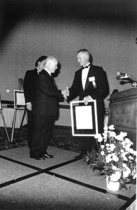 Bruce Carnall and Canadian Ski Museum Chair, Erle Bergh, at 1991 Canadian Ski Hall of Fame Induction Ceremony