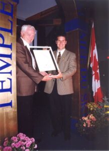 Philippe LaRoche with Canadian Ski Museum Chair, Keith Nesbitt, at 1998 Canadian Ski Hall of Fame Induction Ceremony.