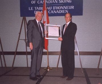Keith Nesbitt, Canadian Ski Museum Chair, with Inductee Richard Weber at 1997 Canadian Ski Hall of Fame Induction Ceremony