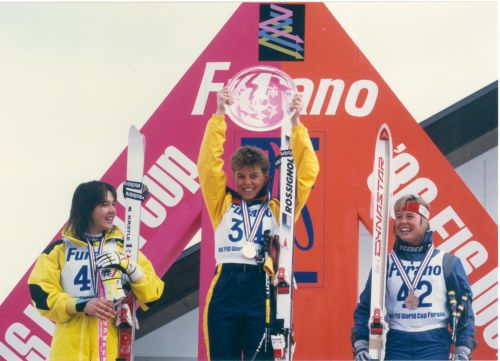 World Cup event (super G) on 2/3/86 in Furano, Japan. 1st - Liisa Savijarvi (center) 2nd - Sieglende Winkler 3rd - Pam Fletcher