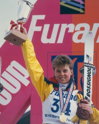 Liisa Savijarvi winning World Cup event (super G) on 2/3/86 in Furano, Japan.