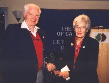 Keith Nesbitt, Canadian Ski Museum Chair, and Inductee Dorothy Read at 2001 Canadian Ski Hall of Fame Induction Ceremony.