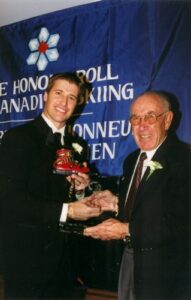 Inductee Cary Mullen and John Fripp at 2002 Canadian Ski Hall of Fame Induction Ceremony. 