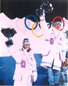Nicolas Fontaine (left) silver medalist in Freestyle aerials demonstration event at 1992 Olympic Winter Games in Albertville, France. Philippe LaRoche (right) won the gold medal.