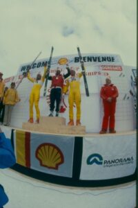 1982 Canadian National Championships - Men's downhill [L to R]: Ken Read (2nd), Raiber (1st), Brooker (3rd). 
