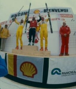 1982 Canadian National Championships - Men's downhill [L to R]: Ken Read (2nd), Raiber (1st), Brooker (3rd). 