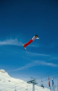 Freestyle Skier Lloyd Langlois mid-air Ski jump 1986