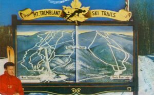 Mt. Tremblant postcard of a trail map and ski school director Ernie McCulloch.