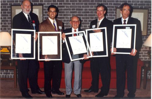 Peter Andrews, Horst Bulau, Réal Charette, Don Lyon, and Raymond Lanctôt at 1994 Canadian Ski Hall of Fame Induction Ceremony.