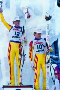 Rob Boyd wins gold in World Cup downhill at Val Gardena, Italy, 1987. Brian Stemmle won bronze.