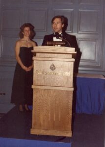 Master of Ceremonies Laurie Graham and inductee Steve Podborski at 1988 Canadian Ski Hall of Fame Induction Ceremony. 