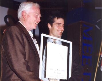 Inductee Felix Belczyk with Canadian Ski Museum Chair Keith Nesbitt at the 1998 Canadian Ski Hall of Fame Induction Ceremony.