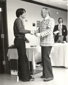 Ken Read winner of 1978 Shell Cup Canadian Downhill Championship with Canadian Ski Association (CSA) President Dr. George Green.