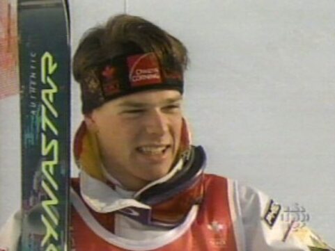 Digital capture of Jean-Luc Brassard from video cassette - Freestyle, CFSA Owings-Corning World Cup, Men's & Women's events, Blackcomb BC, 1994/95. 