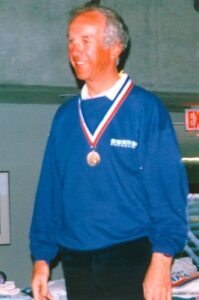 Photo of Bob Gilmour after receiving his Gold medal at the Canadian Masters Giant Slalom Championship in 1991.