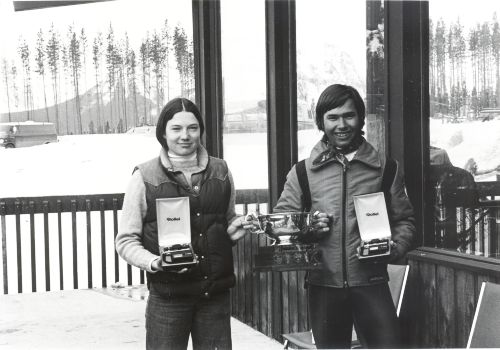 Susan Clifford and Steve Podborski posing with Most Improved Skier Awards on the National Alpine Ski Team
