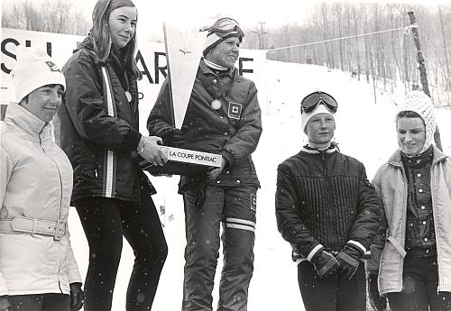 1970's Pontiac Cup Final at Bromont. Nancy Greene with Kathy Kreiner and Lucile Wheeler.