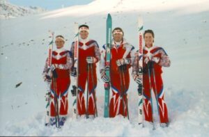 Members of Canadian Freestyle Ski Team 1988-89 [L to R]: Sue Kirkwood, James Boyd, Peter Judge (coach), Lane Barrett