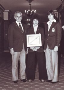 L to R: Fred Morris, Steve Collins, Horst Bulau. At the Ch&acirc;teau Laurier, Ottawa, ON. Steve Collins was named Athlete of the Month in March 1980