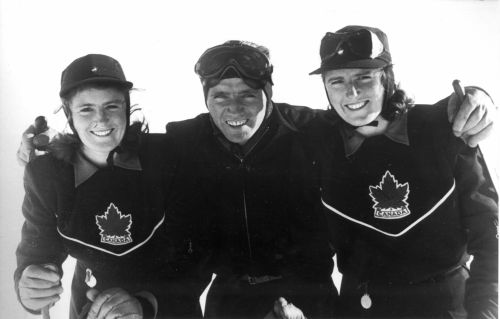 Rhoda and Rhona Wurtele with coach Emile Allais training in Oslo, Norway prior to 1948 St. Moritz Olympic Winter Games.