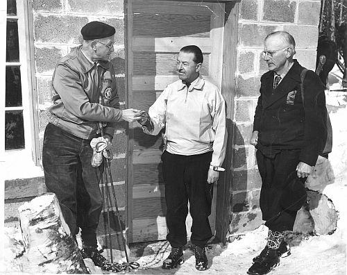 Lord Alexander at official opening of Lockeberg Lodge with Herbert Marshall (left) and Sigurd Lockeberg (right). February 29, 1948. Camp Fortune, QC.